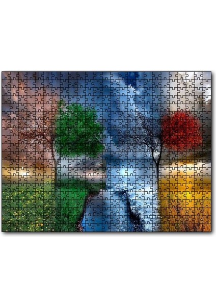 4 Mevsim Bir Arada Illüstrasyon 120 Parça Puzzle Yapboz Mdf (Ahşap)