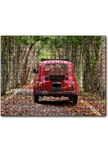 Ağaçlı Yol Yapraklar ve Kırmızı Fiat Bis 500 Parça Puzzle Yapboz Mdf (Ahşap)
