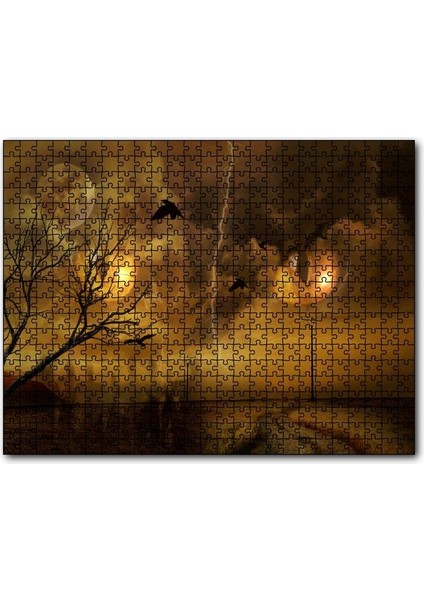 Kedi Gözleri Bulutlar Şimşekler Dolunay ve Kargalar 120 Parça Puzzle Yapboz Mdf (Ahşap)