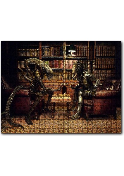 Satranç Oynayan Alien ve Avcı 255 Parça Puzzle Yapboz Mdf (Ahşap)