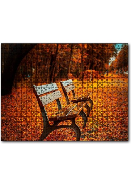 Kızıl Sonbahar Yaprakları ve Boş Banklar 1000 Parça Puzzle Yapboz Mdf(Ahşap)
