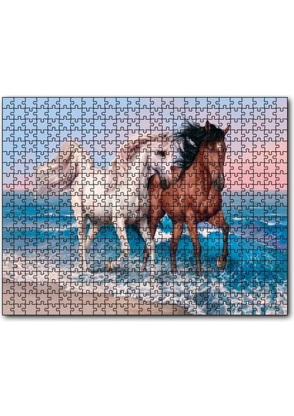 Pilajda Koşan Beyaz Kahve Rengi Atlar 120 Parça Puzzle Yapboz Mdf (Ahşap)