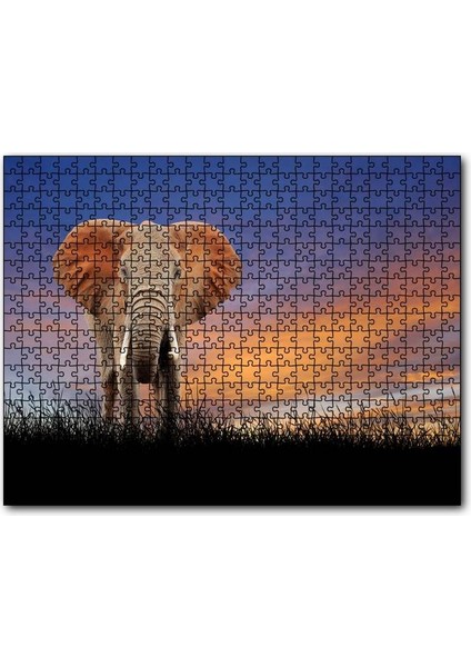 Çayırdaki Yetişkin Fil ve Kızıl Gökler 120 Parça Puzzle Yapboz Mdf (Ahşap)