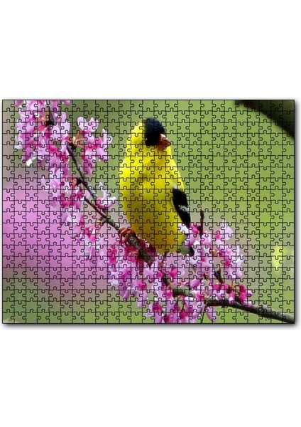 Pembe Çiçekli Dalda Sarı Siyah Kuş 120 Parça Puzzle Yapboz Mdf (Ahşap)