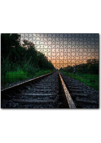 Günbatımında Tren Rayları ve Turuncu Gökler 120 Parça Puzzle Yapboz Mdf (Ahşap)
