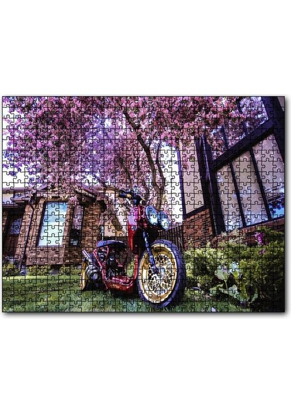 Bahçe Pembe Çiçekli Ağaç ve Modifiyeli Motorsiklet 255 Parça Puzzle Yapboz Mdf (Ahşap)