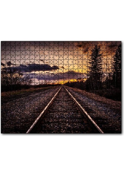 Demir Yolu Gün Batımı Bulut Ağaçlar 255 Parça Puzzle Yapboz Mdf (Ahşap)