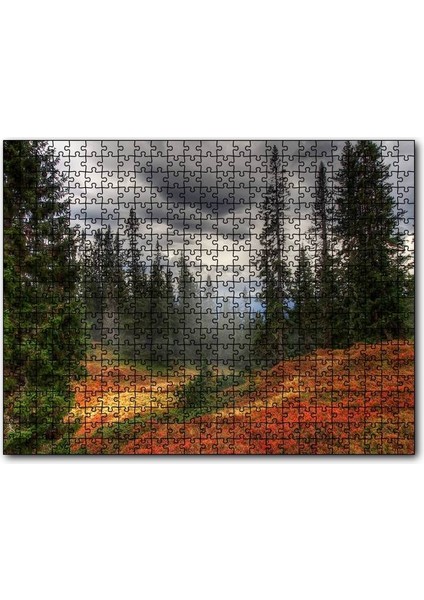 Orman Kara Bulutlar Turuncu Çiçekler 1000 Parça Puzzle Yapboz Mdf(Ahşap)