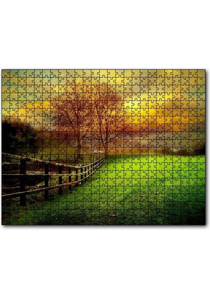 Manzara Çitler Ağaçlar Bulutlu Sarı Gökyüzü 255 Parça Puzzle Yapboz Mdf (Ahşap)