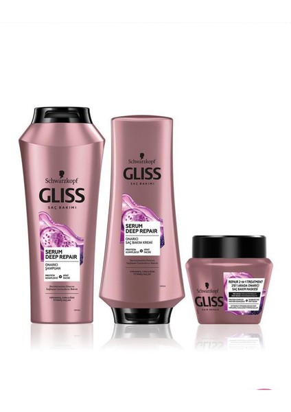 Gliss Serum Deep Repair Onarıcı Şampuan 500 Ml+Saç Kremi 360 Ml+Saç Maskesi 300 Ml + Saç Açıcı Tarak