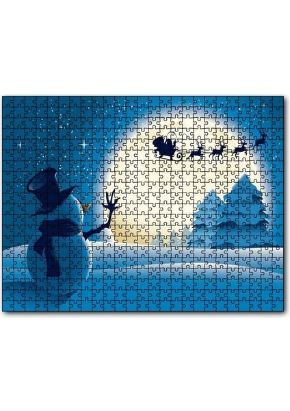 Kış Noeli Kardan Adam Ağaçlar Ayışığı 120 Parça Puzzle Yapboz Mdf (Ahşap)