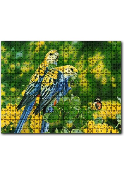 Papağanlar Sarı Mavi ve Sarı Çiçekler Ile Kelebek 120 Parça Puzzle Yapboz Mdf (Ahşap)