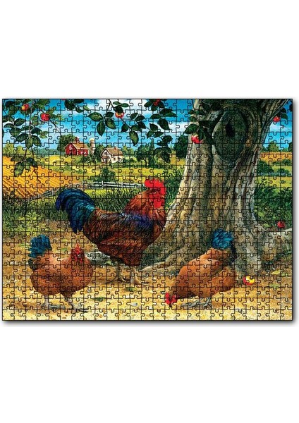 Tavuk Horoz Elma Ağacı Ev Manzarası Görseli 1000 Parça Puzzle Yapboz Mdf(Ahşap)
