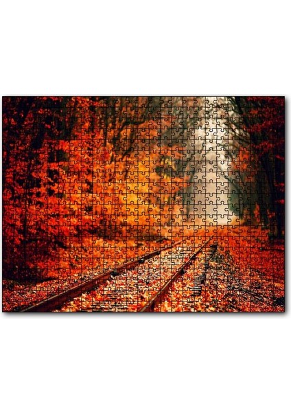 Tren Yolu Orman Bir Sonbahar Resmi 500 Parça Puzzle Yapboz Mdf (Ahşap)