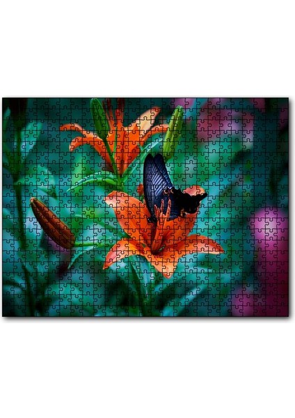 Truncu Lilyum Çiçeği ve Mavi Kelebek Görseli 120 Parça Puzzle Yapboz Mdf (Ahşap)