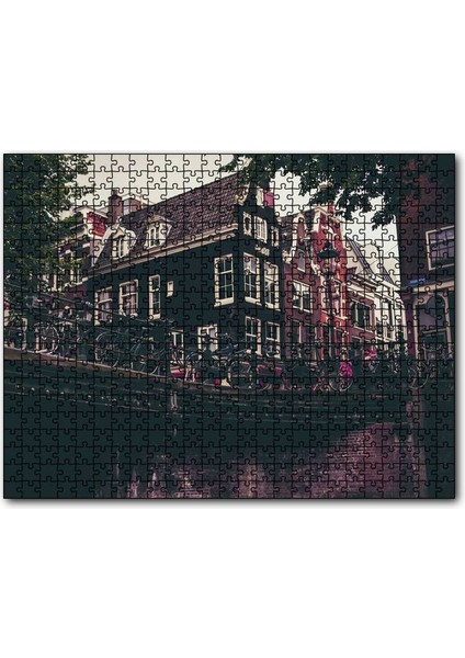 Amsterdam Kanal Üzerinde Köprü ve Bisikletler 120 Parça Puzzle Yapboz Mdf (Ahşap)