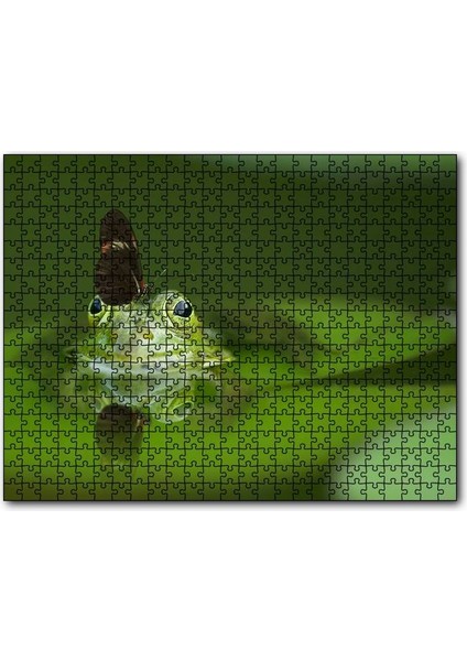Göldeki Yeşil Kurbağa ve Üzerindeki Kelebek 120 Parça Puzzle Yapboz Mdf (Ahşap)