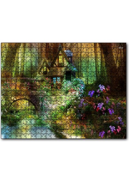 Ormandaki Sevimli Kulübe Köprü ve Çiçekler 120 Parça Puzzle Yapboz Mdf (Ahşap)