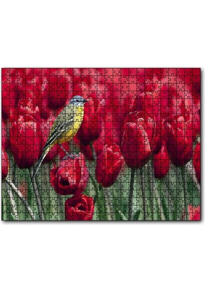 Kırmızı Gelincikler Üzerindeki Sarı Kuş 120 Parça Puzzle Yapboz Mdf (Ahşap)