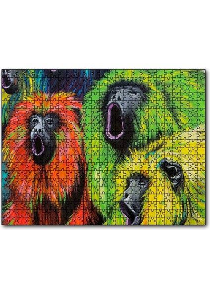 Rengarenk Maymunlar Yağlıboya Çizim 120 Parça Puzzle Yapboz Mdf (Ahşap)