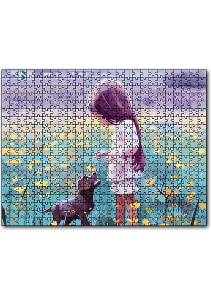 Cakapuzzle Küçük Kız Sarı Çiçekler ve Yavru Köpek 120 Parça Puzzle Yapboz Mdf (Ahşap)
