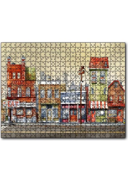Cakapuzzle Sokakta Binalar ve Dükkanlar Karikatürize 500 Parça Puzzle Yapboz Mdf (Ahşap)