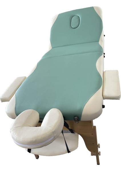 Katlanabilir 3 Parçalı Ahşap Masaj Masası, çanta Tipi Masaj ve Yatağı Yeşil-Krem