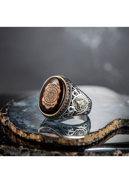 Kehribar Taşlı Hz Süleyman Mührü Işlemeli Yanları Osmanlı Tuğralı Gümüş Yüzük