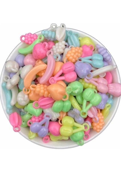 Karışık Pastel Renkli 50 Adet Sallantı Kulplu Plastik Meyve Model Boncuk, Meyve Takı Yapım Boncuğu