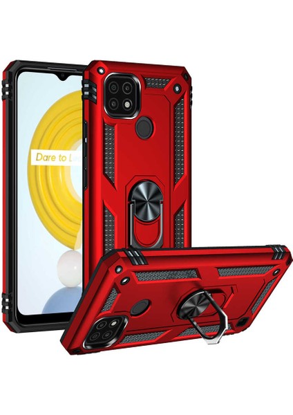 Realme C21 Kılıf Çift Katmanlı Yüzüklü Manyetik Vega Kapak Kırmızı