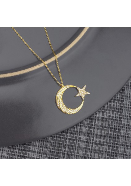 925 Ayar Gümüş Zirkon Taşlı Ay Yıldız Kolye