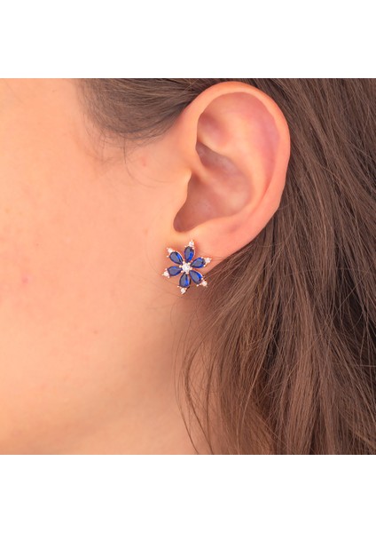 925 Ayar Gümüş Safir Taşlı Nergis Çiçeği Küpe modelleri