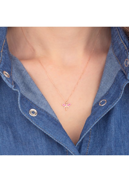 925 Ayar Gümüş Pembe Taşlı Mini Yusufçuk Kolye modelleri