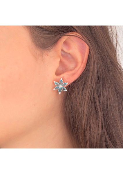 925 Ayar Gümüş Aquamarine Taşlı Nergis Çiçeği Küpe modelleri