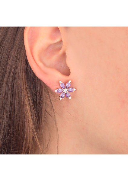 925 Ayar Gümüş Ametist Taşlı Nergis Çiçeği Küpe modelleri