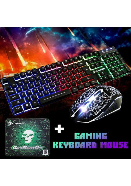 T6 Gökkuşağı LED USB Kablolu Oyun Klavye ve Mouse Pad Pc Laptop Siyah Için Set (Yurt Dışından)