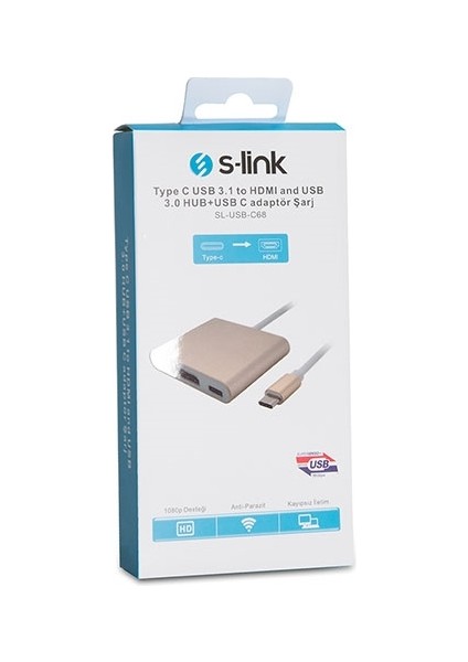 S-Lınk SL-USB-C68 0.15METRE Type-C - Hdmı_usb 3.0 Çevirici Adaptör Gold 4K