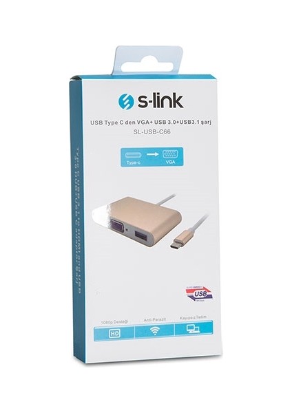 S-Lınk SL-USB-C66 0.15METRE Type-C-Usb 3.0_vga Çevirici Adaptör Gold 4K