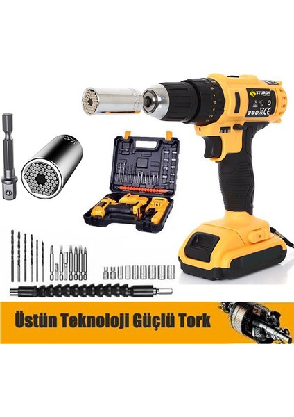 Power Tools 58 V 6 A Darbeli NEW SERİ Professional 27 PARÇA Şarjlı Vidalama Matkap + 7 - 19 Çok Amaçlı Lokma Ucu
