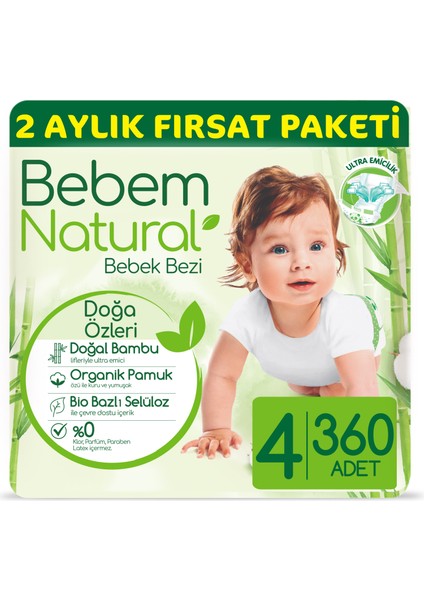 Bebem Natural Bebek Bezi 4 Beden Maxi 2 Aylık Fırsat Paketi 360 Adet