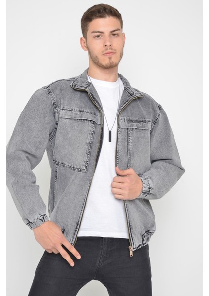 Oversize Siyah Kar Yıkama Modelli Erkek Fermuarlı Bomber Kot Ceket