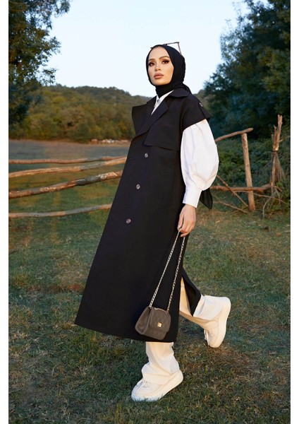 Kolsuz Oversize Kuşaklı Trençkot  - Siyah