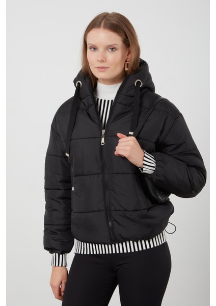 Tena Moda Kadın Siyah Kapüşonlu Anorak Yanları Stoplu Mont