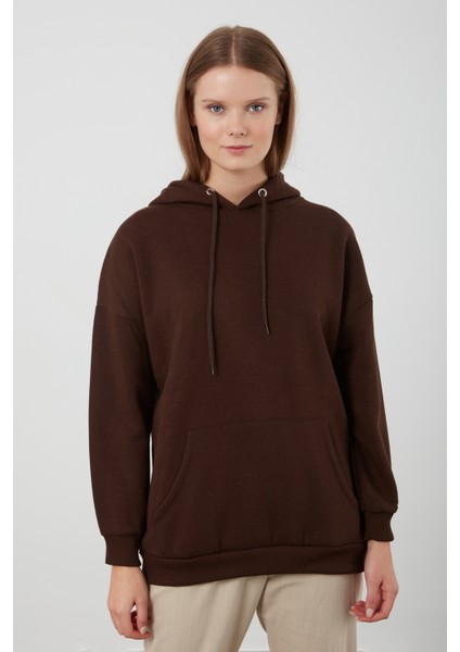 Tena Moda Kadın Kahve Üç İplik Kanguru Cepli Kapüşonlu Sweatshirt