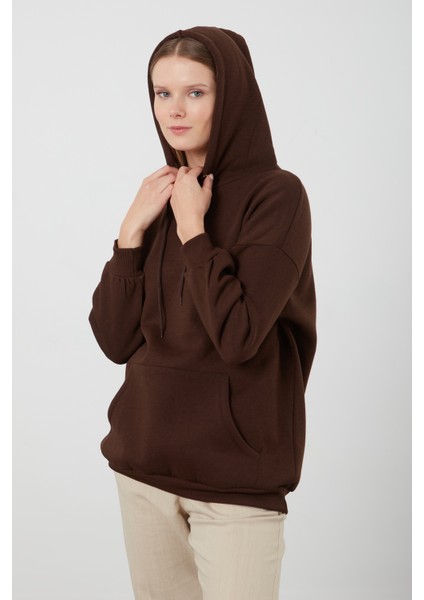 Tena Moda Kadın Kahve Üç İplik Kanguru Cepli Kapüşonlu Sweatshirt fiyatları