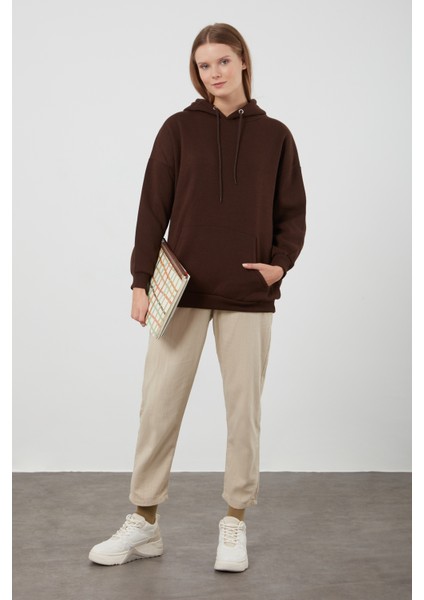 Tena Moda Kadın Kahve Üç İplik Kanguru Cepli Kapüşonlu Sweatshirt modelleri
