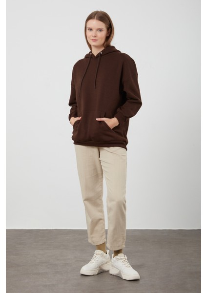 Tena Moda Kadın Kahve Üç İplik Kanguru Cepli Kapüşonlu Sweatshirt fırsatları