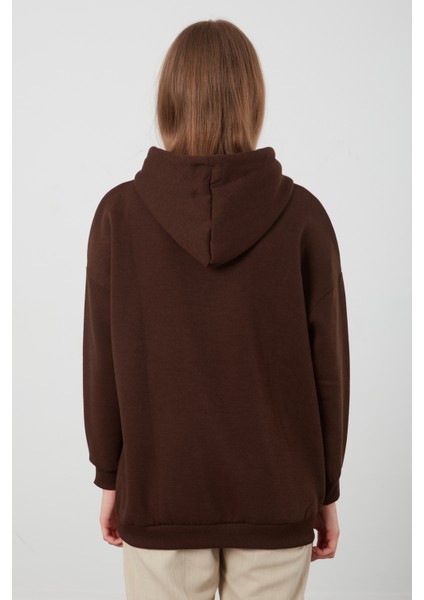 Tena Moda Kadın Kahve Üç İplik Kanguru Cepli Kapüşonlu Sweatshirt indirimleri