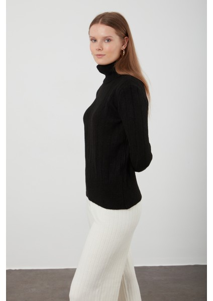 Tena Moda Kadın Siyah Kalın Fitilli Balıkçı Yaka Basic Triko modelleri