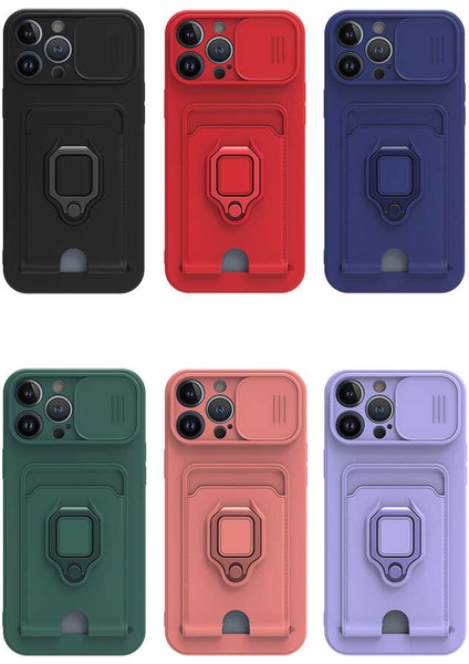 iPhone 11 Kılıf Ipli Lens Sürgülü Yüzüklü Silikon Zuma - Kırmızı